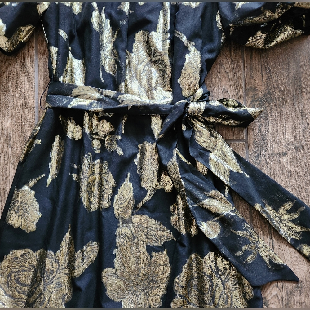 NWT Alex Marie Black Gold Rose Floral Print Black Ruffle Midi Puff Sleeve Dress - Picture 8 of 14